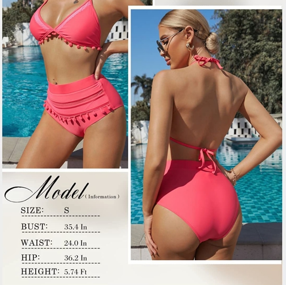 Bdcoco High Waist 2 Piece Bikini Set Halter Straps Tassel Swimsuit, Size Small